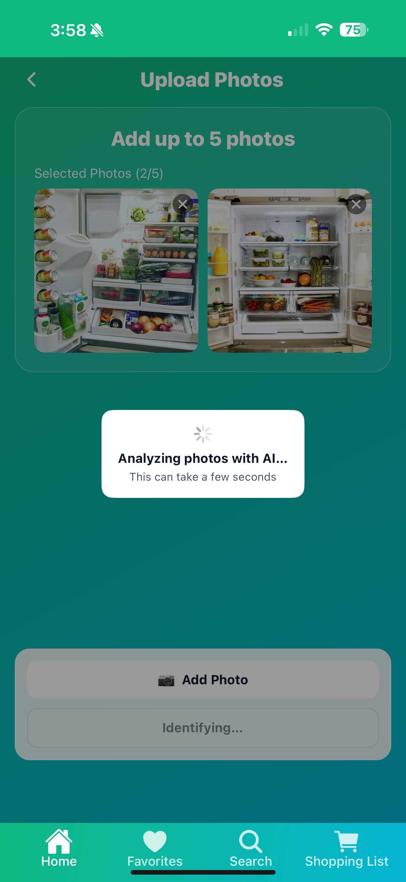 Upload photos screen showing fridge photos being analyzed with AI