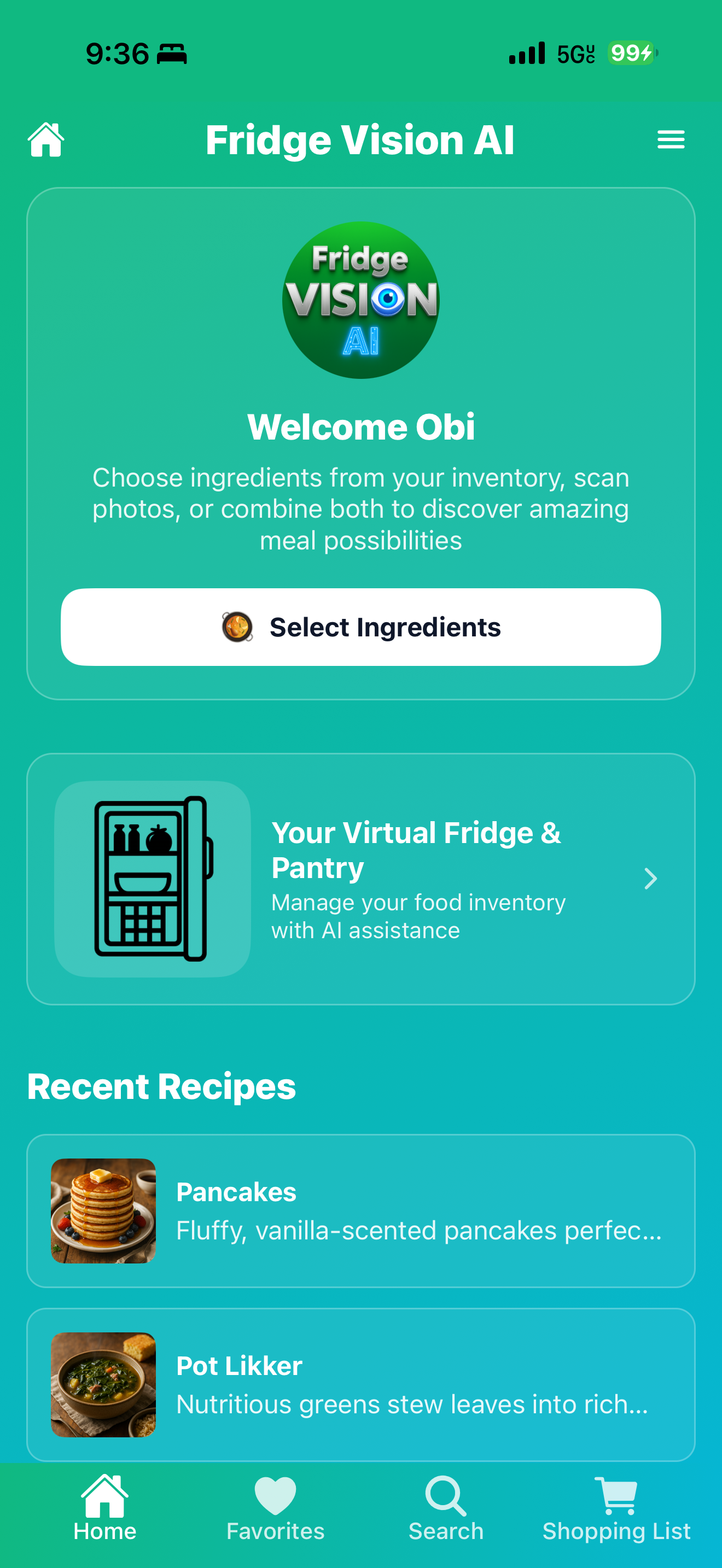 Fridge Vision AI welcome screen with Select Ingredients option