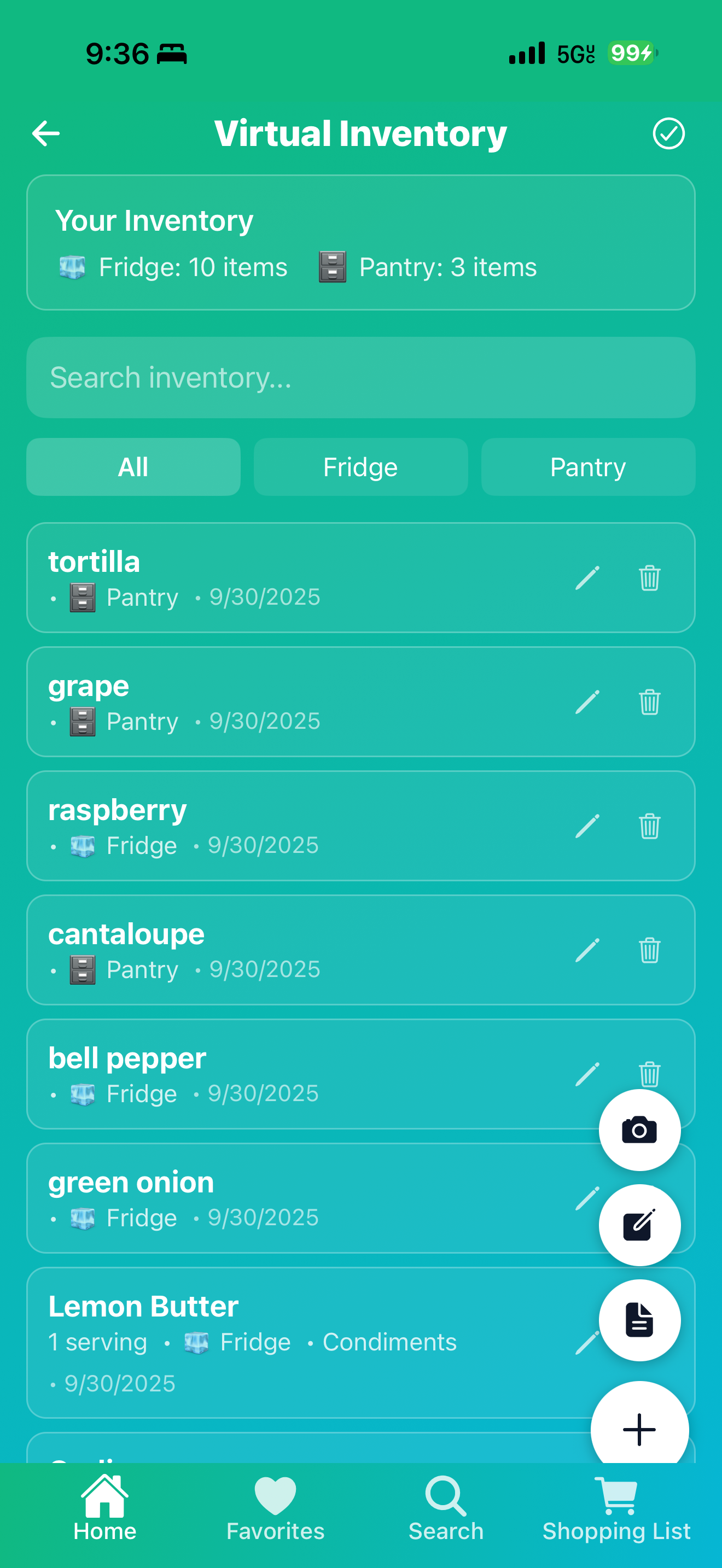 Virtual Inventory showing detected fridge and pantry items