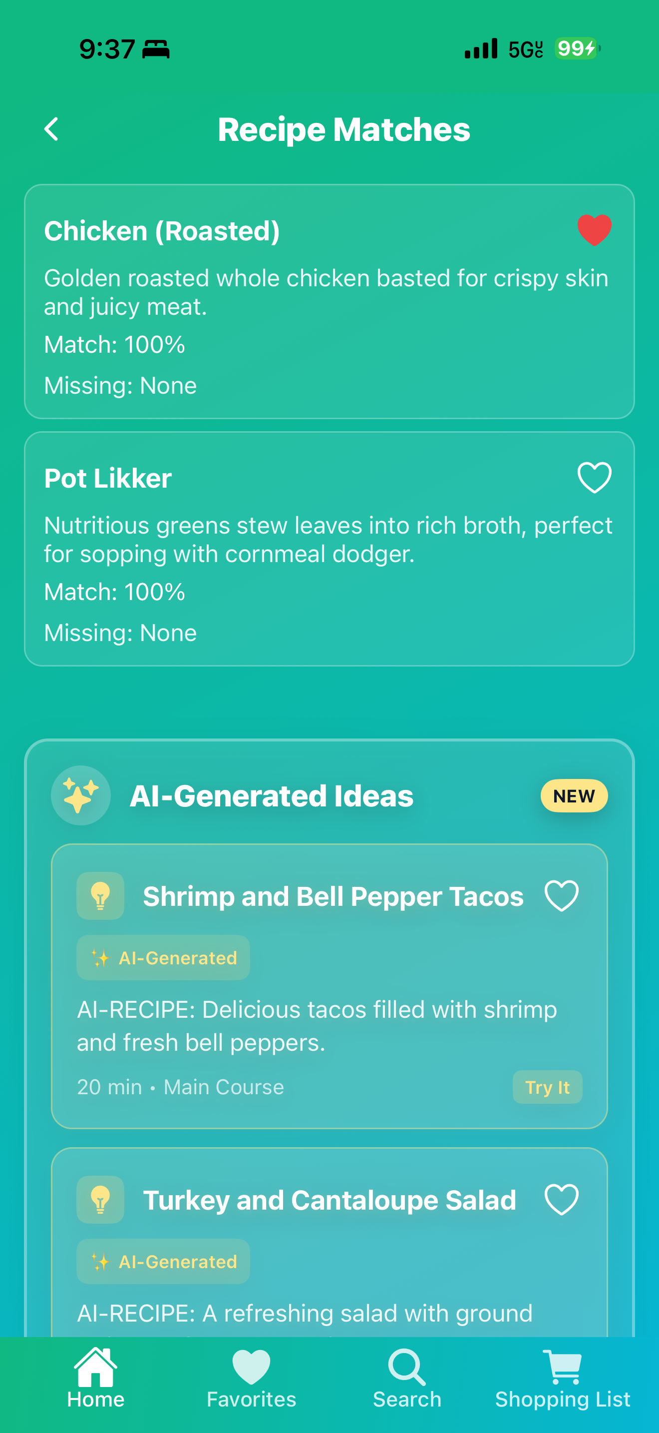 Recipe Matches screen with personalized recipe suggestions