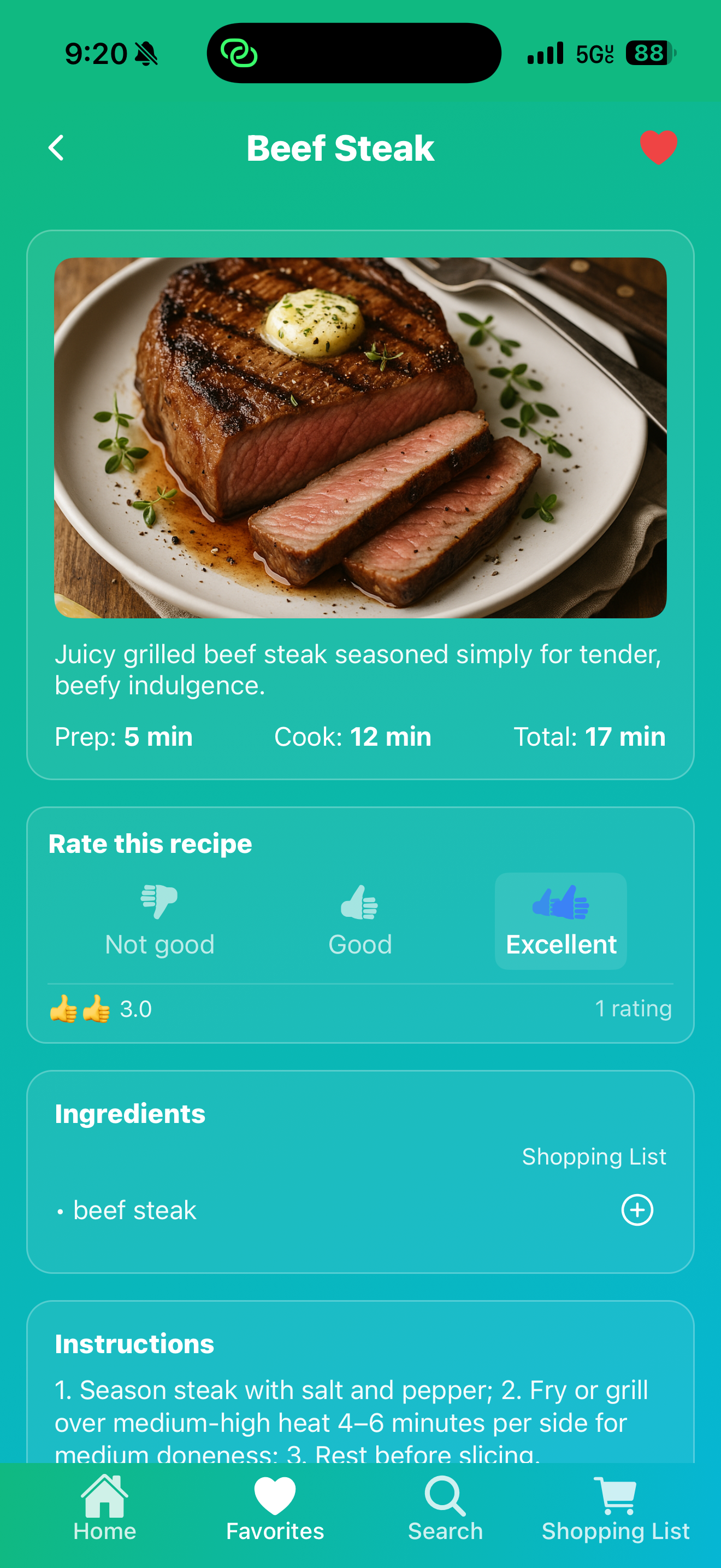 Beef Steak recipe with cooking instructions and ingredients